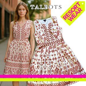 Talbots Red and Off White Pleated Midi Dress